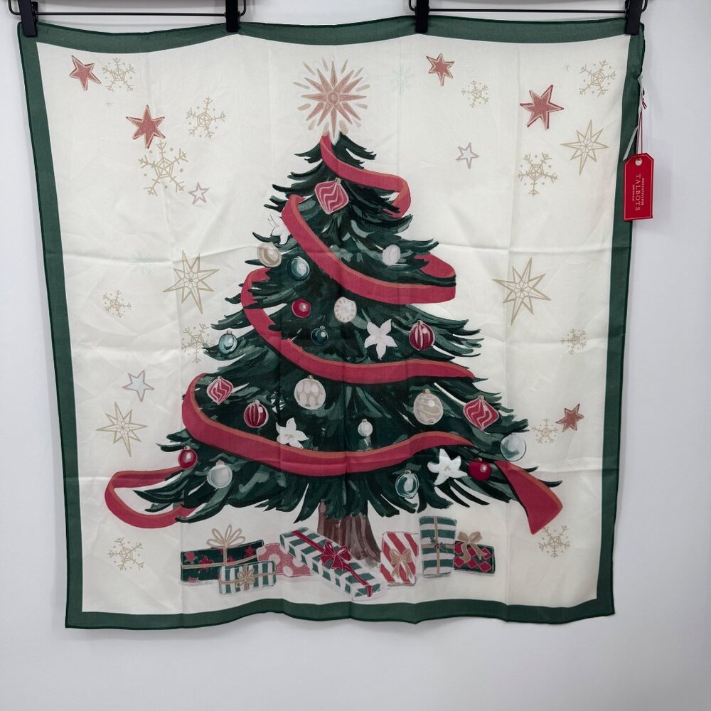 Talbots Christmas Tree Silk Square Scarf New With Tag holiday white green red - Picture 9 of 10